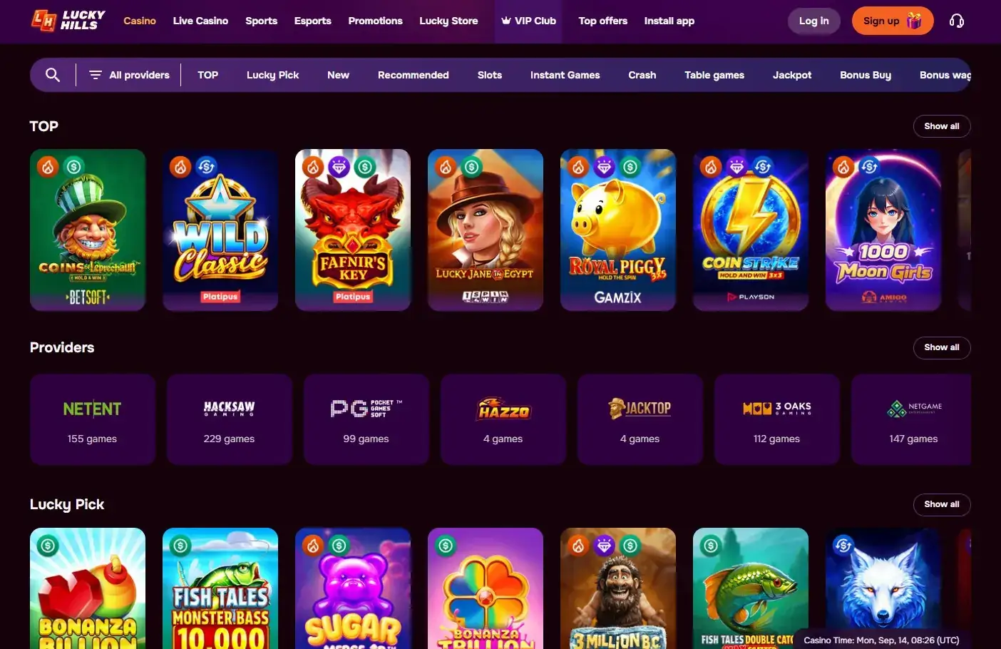 Real LuckyHills game lobby showing category navigation and a representative mix of game tiles