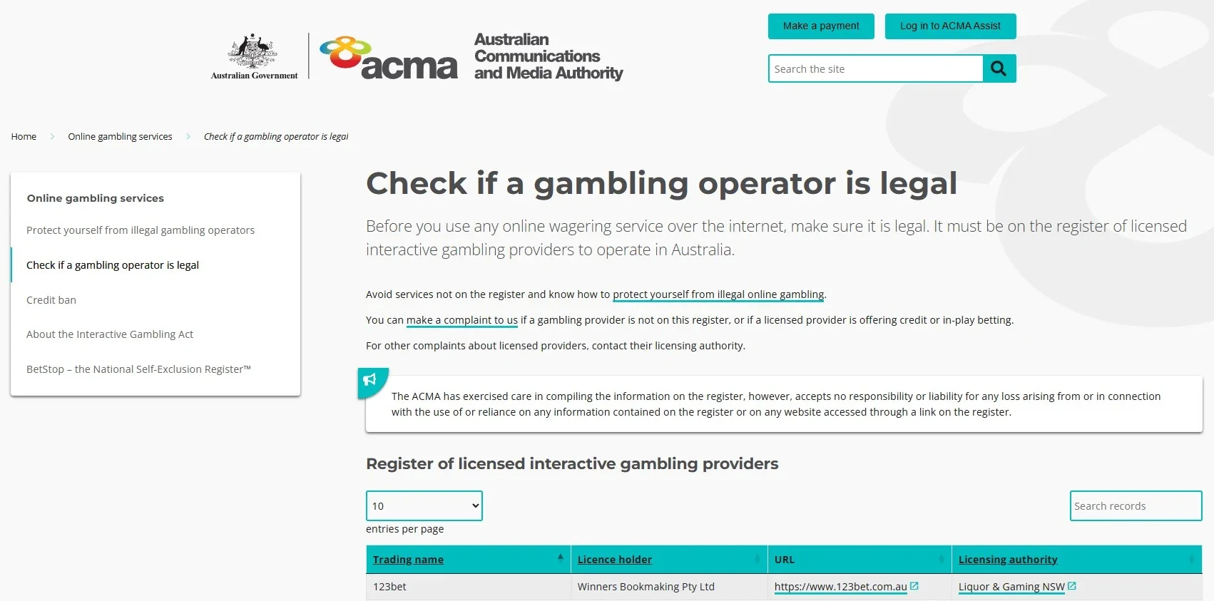 The ACMA legal gambling operator check and licensed interactive gambling provider register context