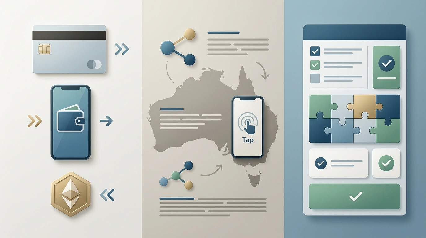 Editorial illustration separating LuckyHills brand-wide payment categories, Australian payment habits and account-specific cashier verification