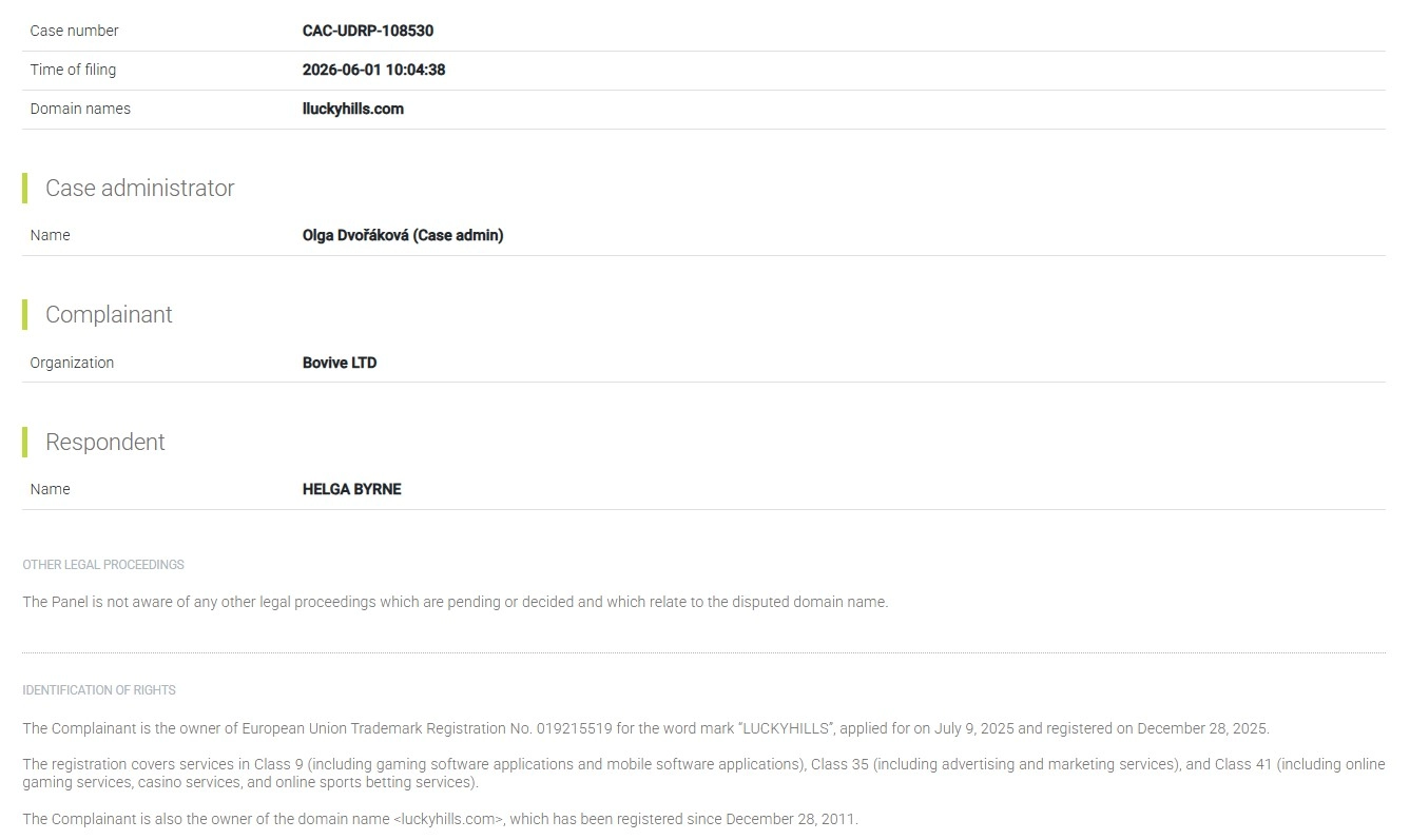 The UDRP decision for lluckyhills.com and the LuckyHills domain dispute
