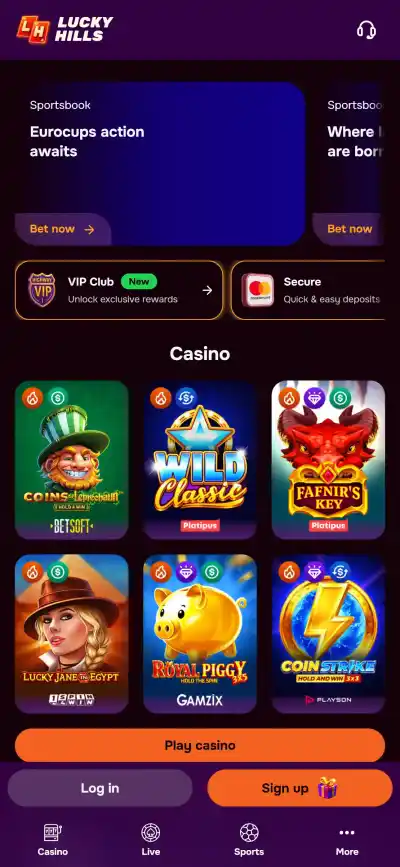 LuckyHills website shown in a mobile viewport with responsive casino navigation visible