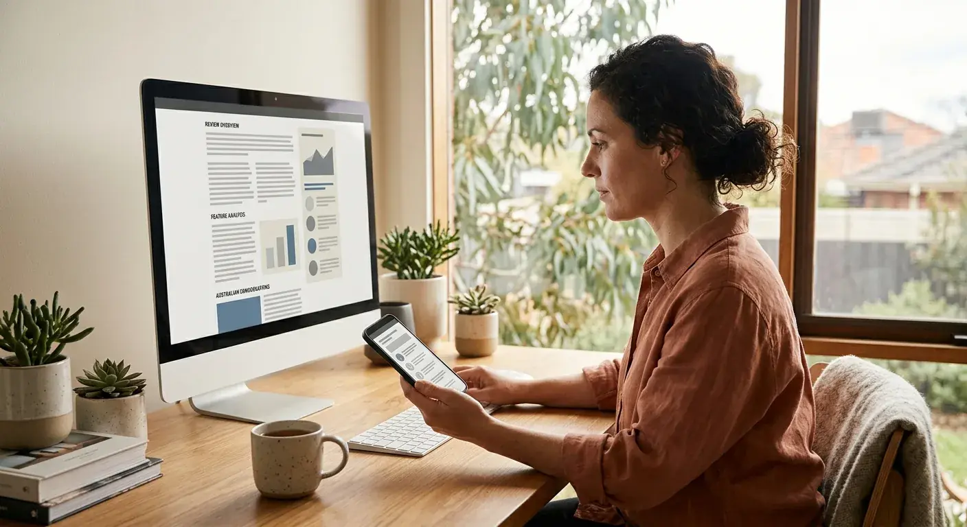 Editorial illustration of an Australian reader comparing an online casino review on desktop and mobile