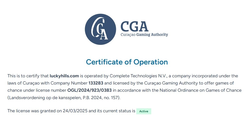The Curaçao Gaming Authority certificate for luckyhills.com